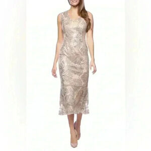 Marina Embroidered Midi V-Neck Sequined Cocktail And Party Dress Size 6